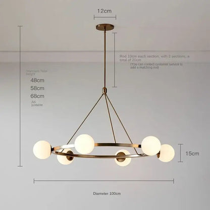 Modern brass-toned decorbites glass ball chandelier pendant light with circular frame and six frosted glass globes