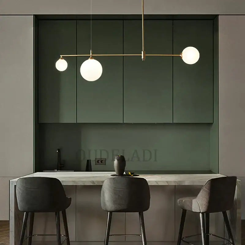 Modern minimalist decorbites glass ball pendant light fixture with frosted glass bulbs and brass rod for dining room use