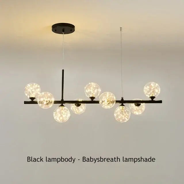 Decorbites™ glass ball chandelier is a black metal lighting fixture with frosted spherical glass ball shades resembling baby’s breath