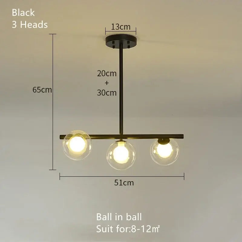 Decorbites glass ball chandelier featuring a black three-head metal frame with spherical glass bulbs for modern home decor
