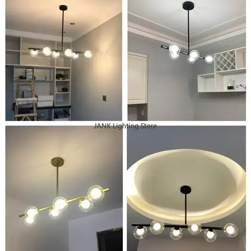 Modern minimalist decorbites glass ball chandelier with sleek black or brass metal frame and clear glass globe bulbs