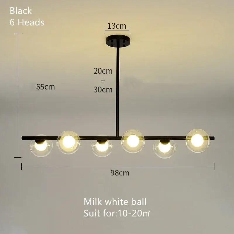 Decorbites glass ball chandelier with black frame and six milk white spherical glass bulbs for modern home decor