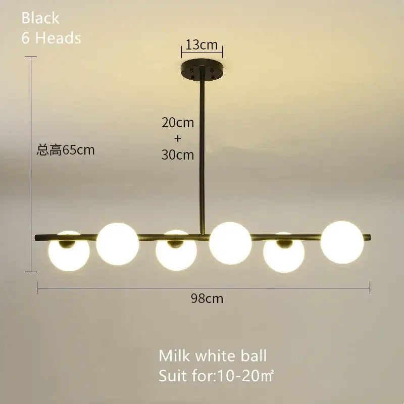 Black metal decorbites glass ball chandelier with six milk white spherical bulbs modern LED pendant lamp for home decor