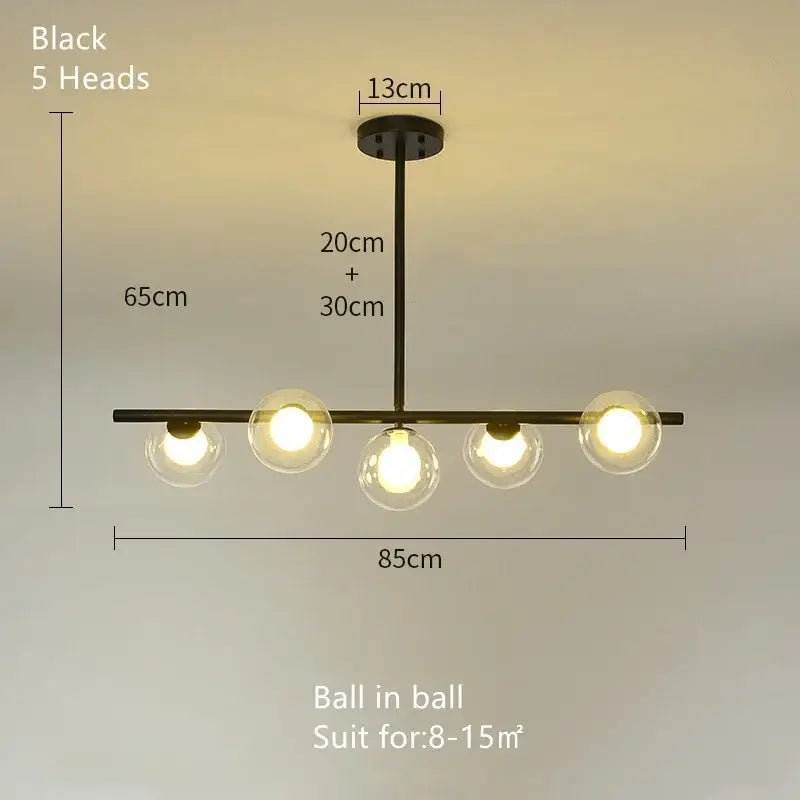 Black modern decorbites glass ball chandelier with five spherical glass bulbs in a linear LED pendant lamp design