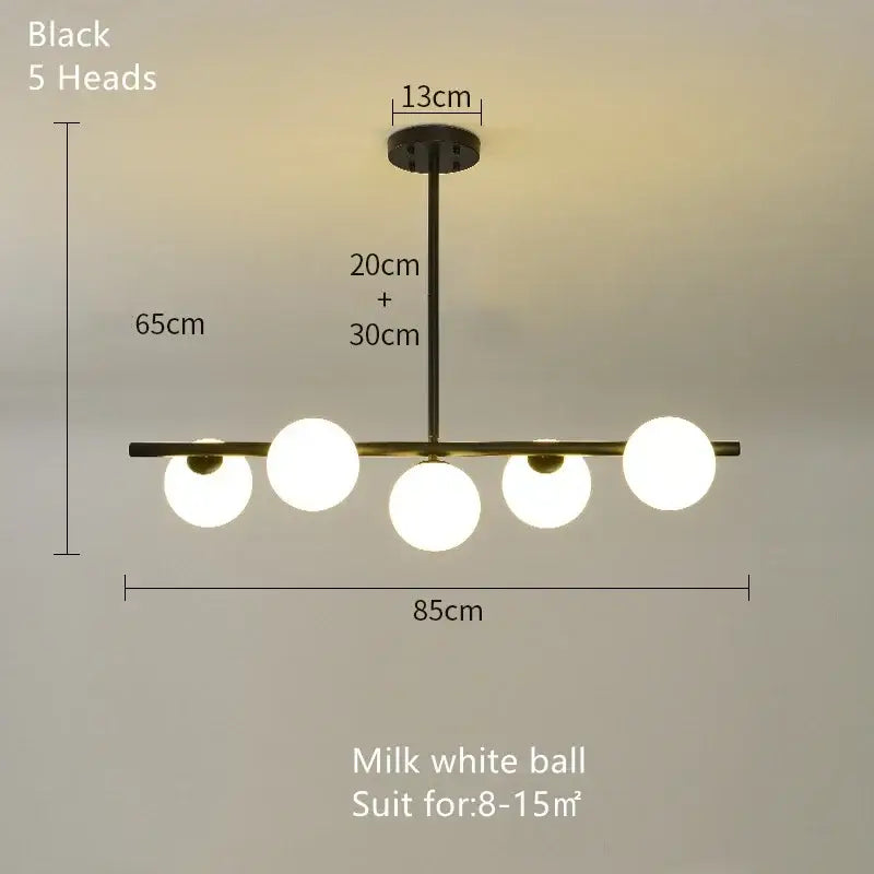 Black metal DecorBites glass ball chandelier with five milk white spherical glass globe lights for modern home decor