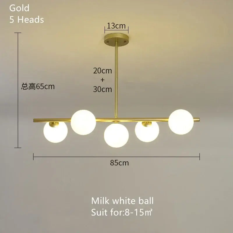 Gold-finished decorbites glass ball chandelier with five milk white spherical glass bulbs for modern home decor