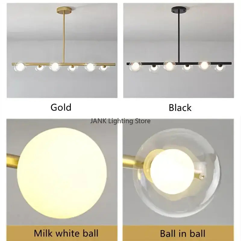 Modern decorbites glass ball chandelier with gold or black finishes featuring a minimalist horizontal bar and glass bulbs