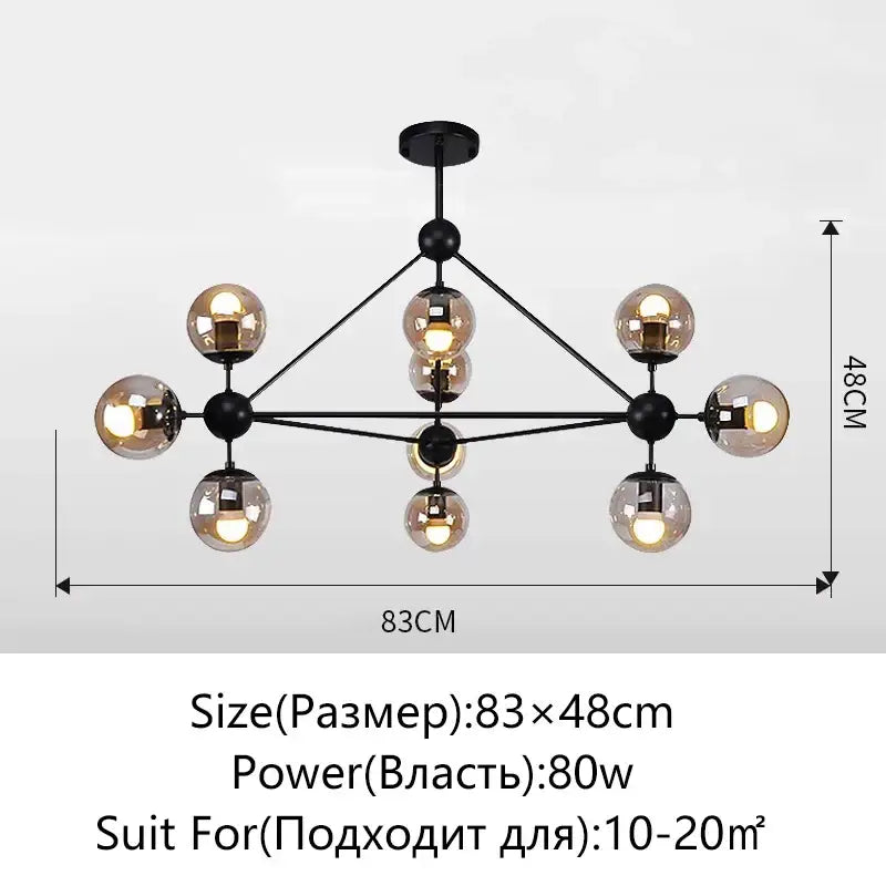 Black metal DecorBites glass ball chandelier with eight amber glass globes in a geometric modern minimalist design