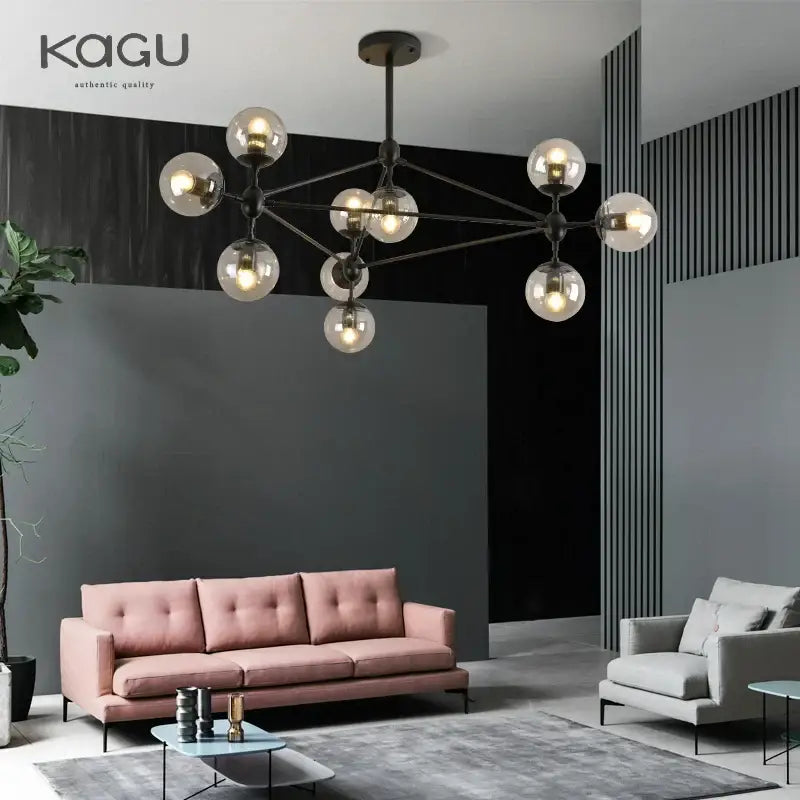 Modern black metal decorbites glass ball chandelier with multiple clear glass globe bulbs for minimalist lighting