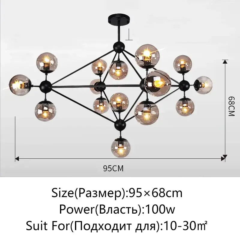 Black metal decorbites glass ball chandelier with amber glass globes in a geometric molecular modern minimalist design