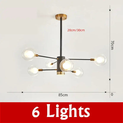 Modern black and brass decorbites glass ball chandelier with six clear glass globe bulbs for elegant lighting