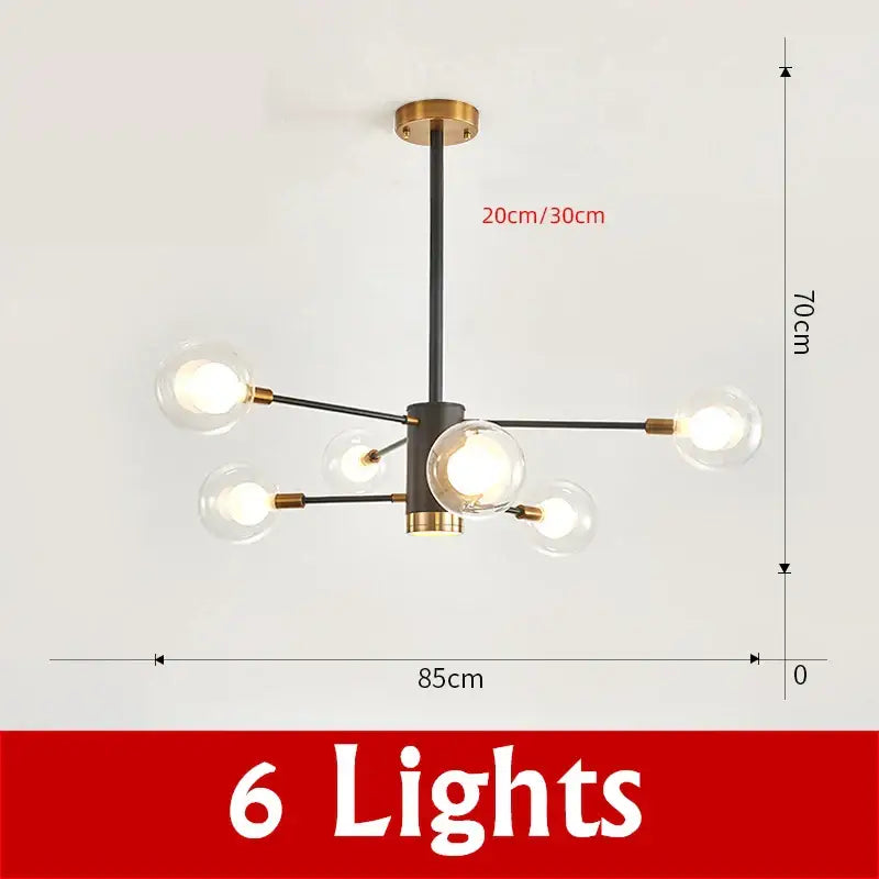 Modern black and brass decorbites glass ball chandelier with six clear glass globe bulbs for elegant lighting