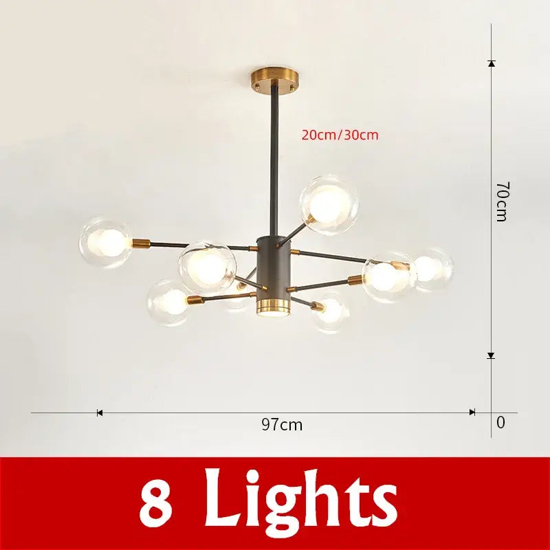 Modern black and brass decorbites glass ball chandelier with eight clear glass globe bulbs for elegant lighting