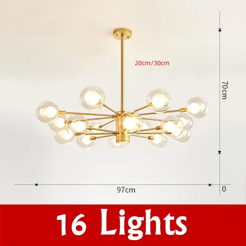 Decorbites glass ball chandelier modern spotlight pendant lamp with 16 clear glass globes in gold tone radial design