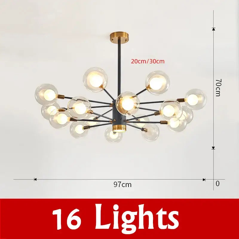 Modern black and brass decorbites glass ball chandelier with 16 clear glass globe bulbs for elegant lighting