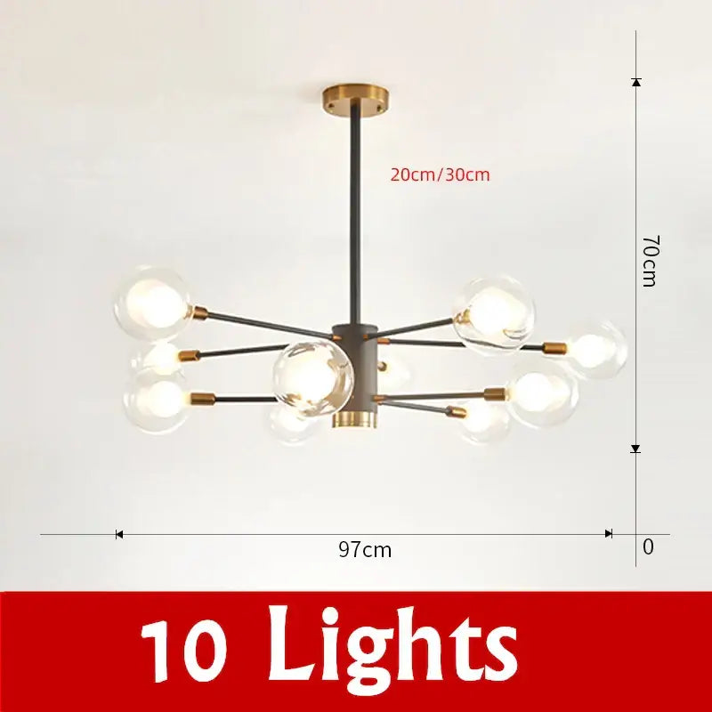 Modern black and brass decorbites glass ball chandelier with ten clear glass globe bulbs for elegant lighting