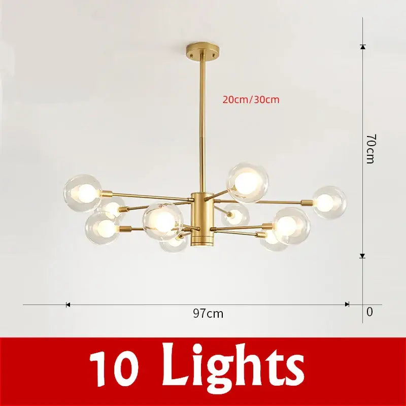 Gold-toned decorbites glass ball chandelier with ten clear glass globe bulbs for modern pendant lighting