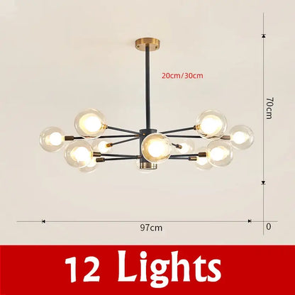 Modern black metal decorbites glass ball chandelier with twelve clear glass globes and brass ceiling mount
