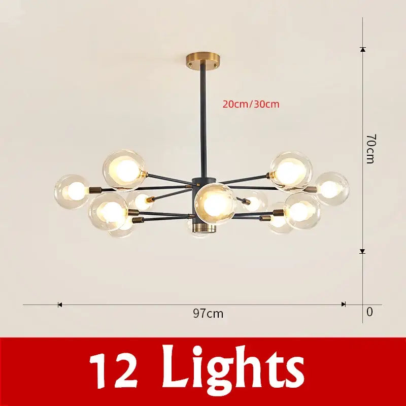 Modern black metal decorbites glass ball chandelier with twelve clear glass globes and brass ceiling mount