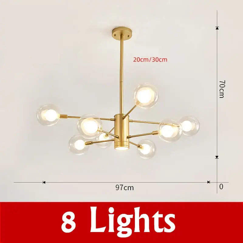 Gold-toned decorbites glass ball modern chandelier with eight clear glass globe bulbs for elegant pendant lighting
