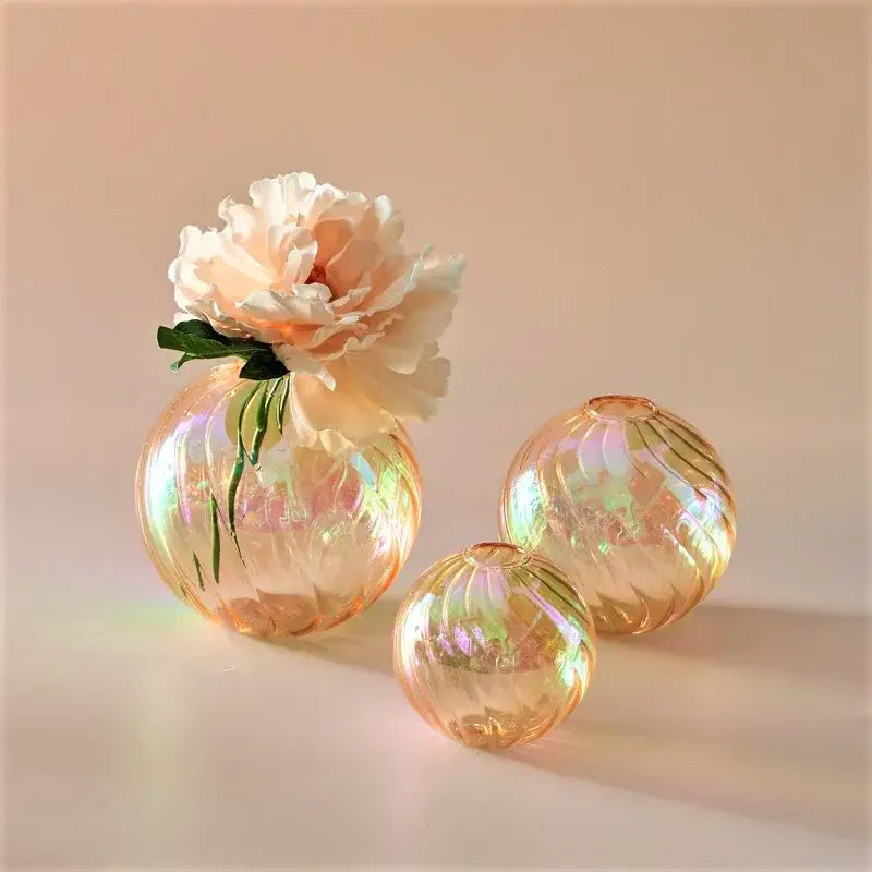 DecorBites™ iridescent peach-colored glass ball vase set with subtle ribbed texture for elegant home decor