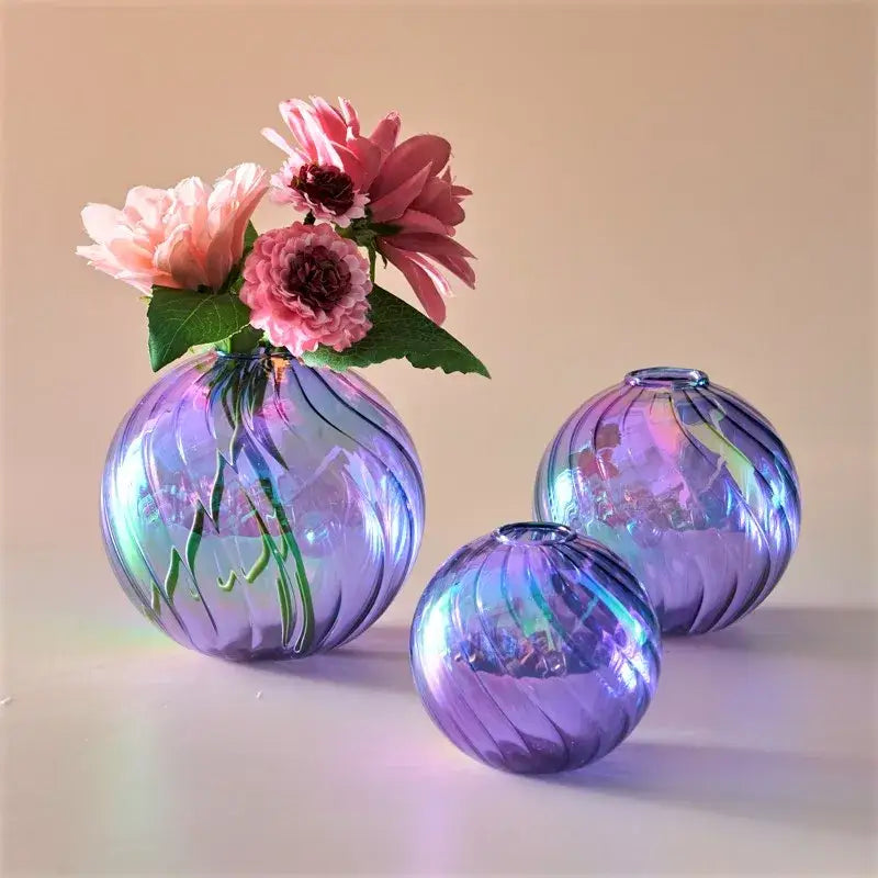 Decorbites™ glass ball vase set featuring iridescent purple swirling patterns for elegant home decor display