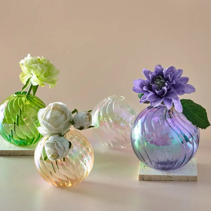 DecorBites™ iridescent purple glass ball vase with ribbed texture and single flower for elegant home decor vase set