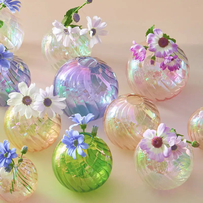 DecorBites™ iridescent glass ball vase set in pastel hues with delicate flowers for elegant home decor