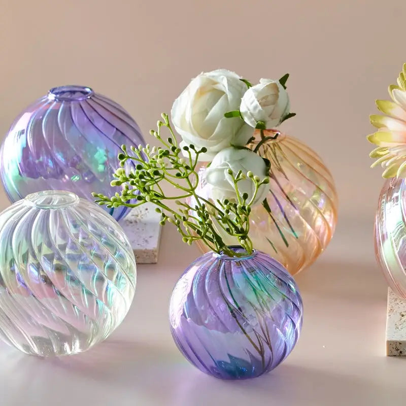 Decorbites™ glass ball vases set featuring a spherical iridescent glass vase with purple and blue hues for home decor