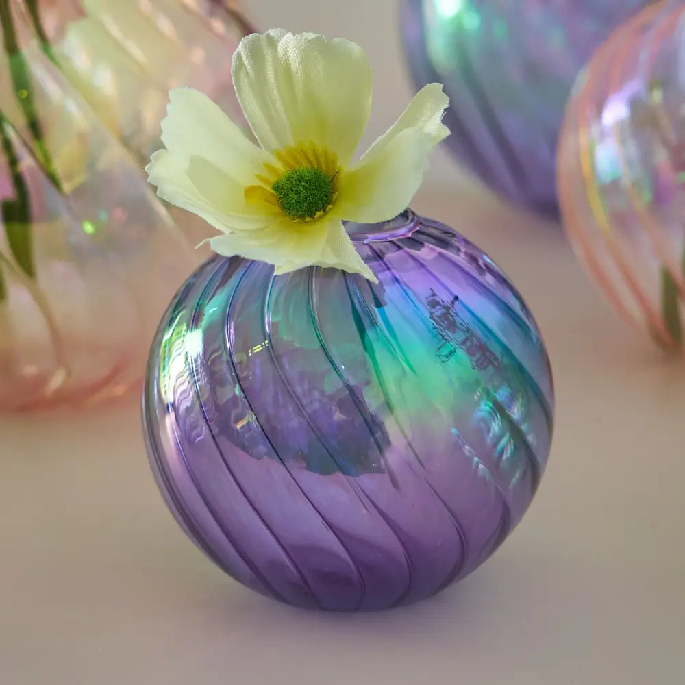 DecorBites glass ball vase set featuring an iridescent spherical glass vase with purple and teal hues for home decor