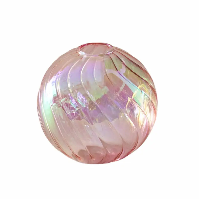 DecorBites™ glass ball vase set featuring a spherical iridescent pink glass vase with swirling ribbed texture for home decor