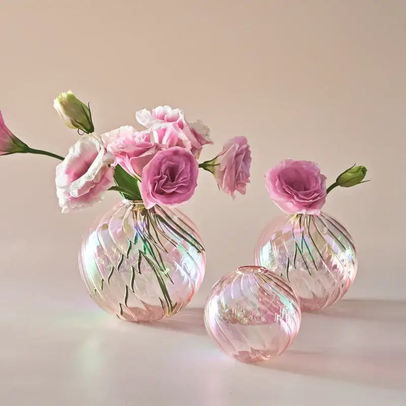 Set of three iridescent pink ribbed glass ball vases from DecorBites for elegant home decor vase set display