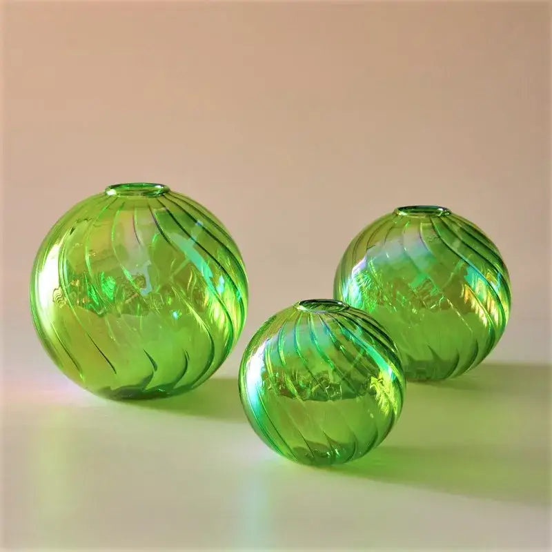 DecorBites™ vase set of three vibrant green glass ball vases with swirling iridescent patterns for home decor