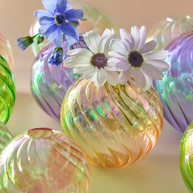 A translucent iridescent glass ball vase with ribbed texture holding white daisies from decorbites™ vase set for home decor