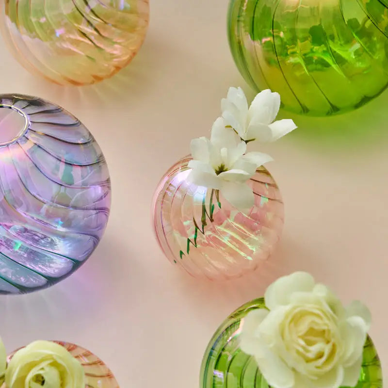 DecorBites™ translucent pink glass ball vase with ribbed texture and white flowers for elegant home decor vase set
