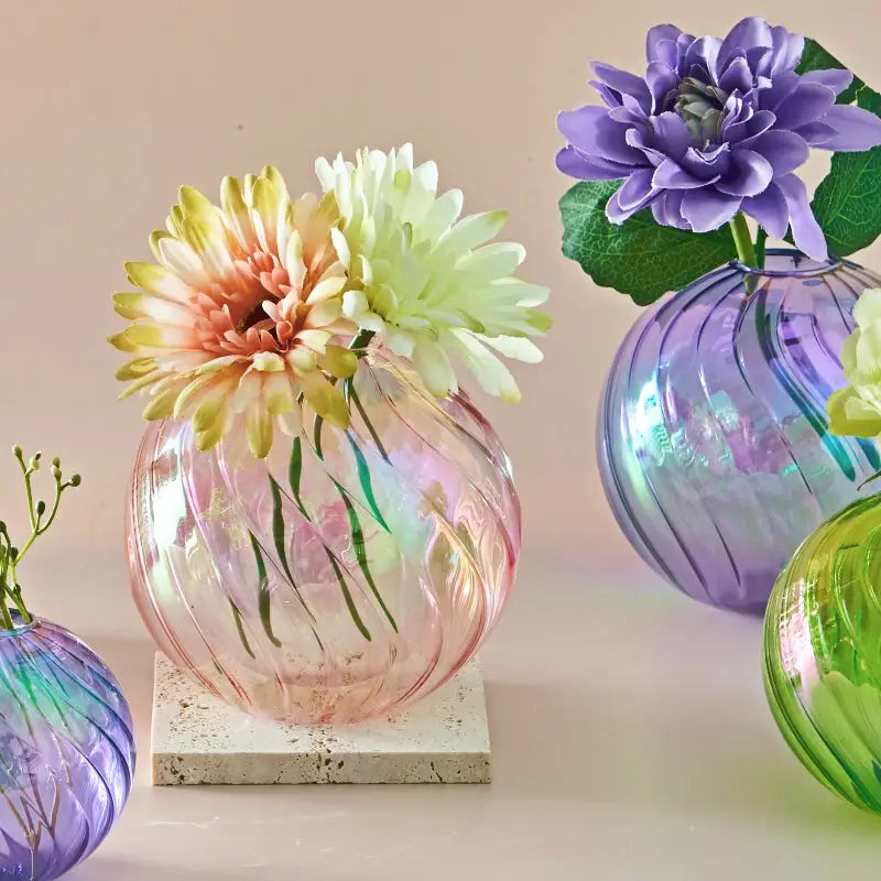 DecorBites™ translucent pink glass ball vase with ribbed texture and flowers for elegant home decor vase set