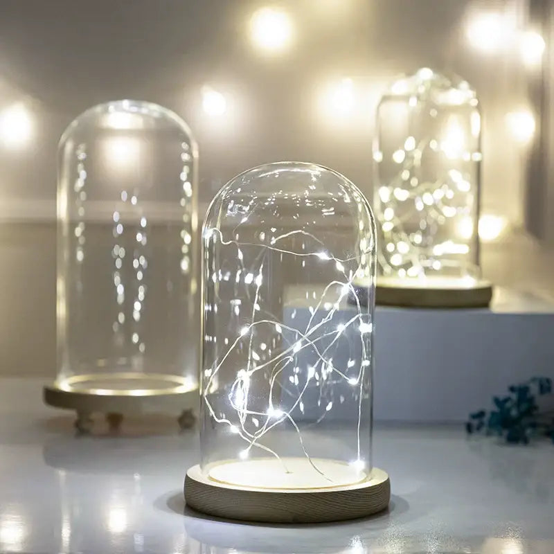DecorBites™ glass bell jar terrarium with delicate white LED fairy lights inside on a light wood base