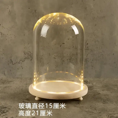 Clear glass DecorBites™ bell jar terrarium with warm LED lighting on a light wooden base for decorative use