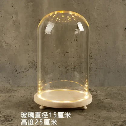DecorBites™ glass bell jar terrarium with warm LED lights on clear dome and light wooden stand for elegant display