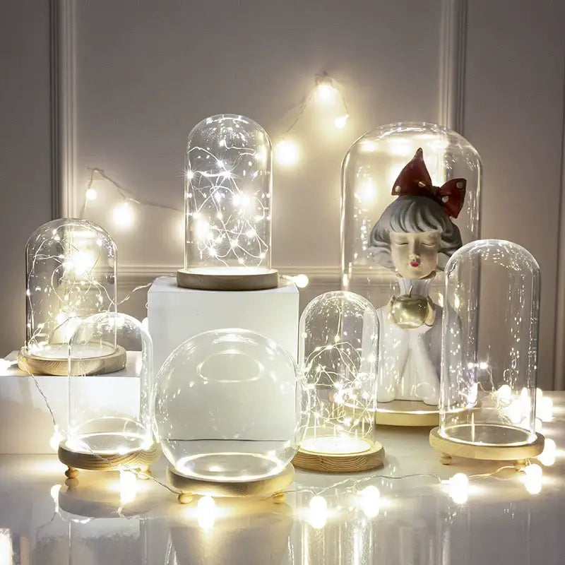 DecorBites™ glass bell jar terrarium with clear glass dome wooden base and embedded LED fairy lights