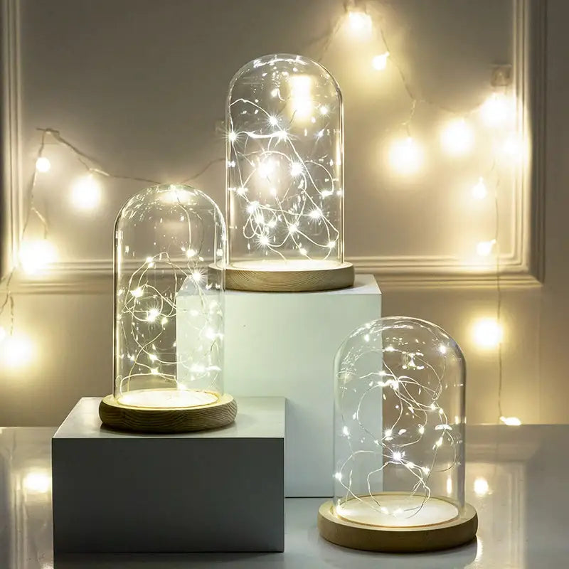 DecorBites glass bell jar terrariums with warm white led fairy lights on wooden bases in clear glass domes