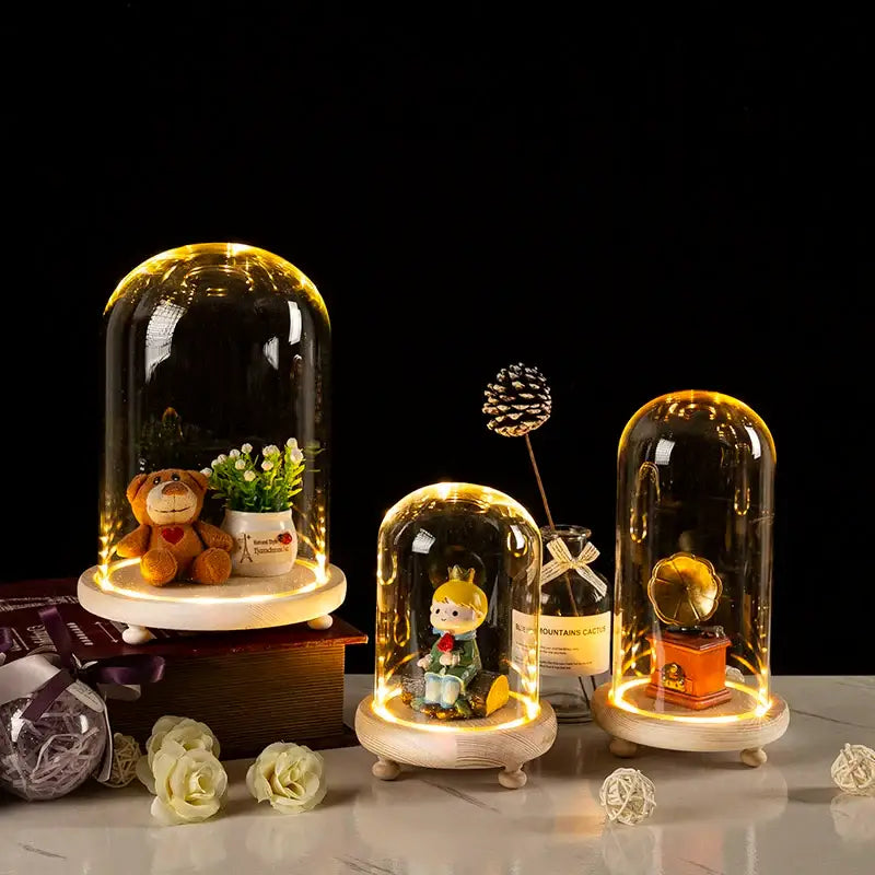 Decorbites™ glass bell jar terrarium with warm led light and wooden base displaying miniature decorative items
