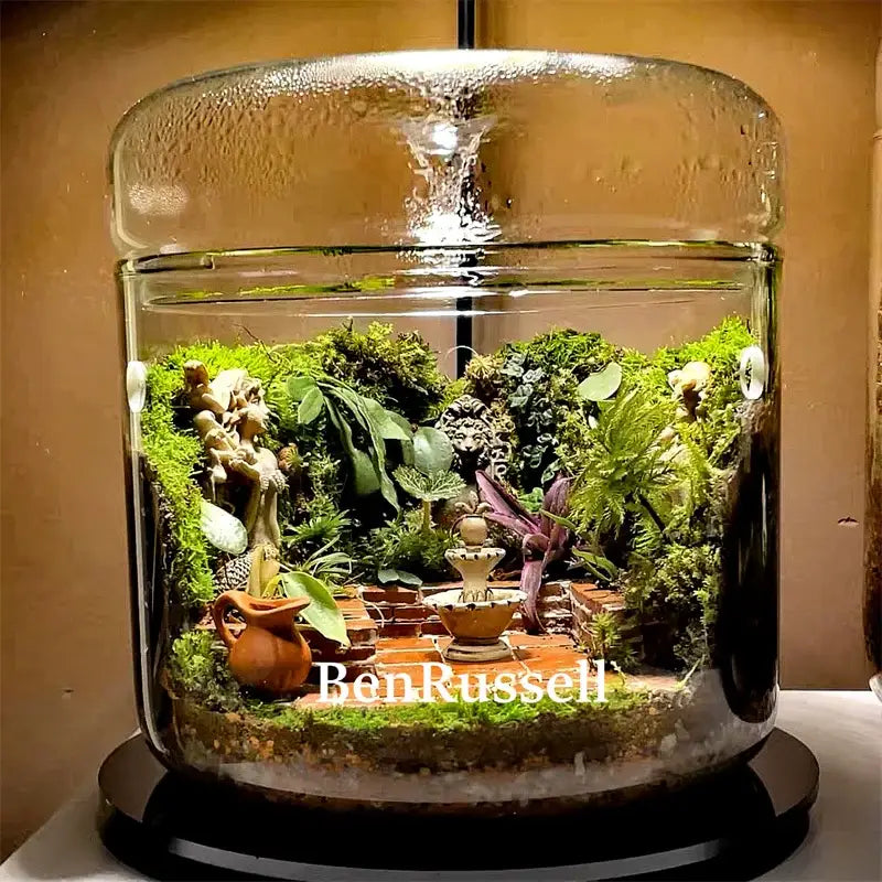 A clear glass cylindrical terrarium kit by decorbites featuring a lush micro landscape glass with moss and miniature fountain