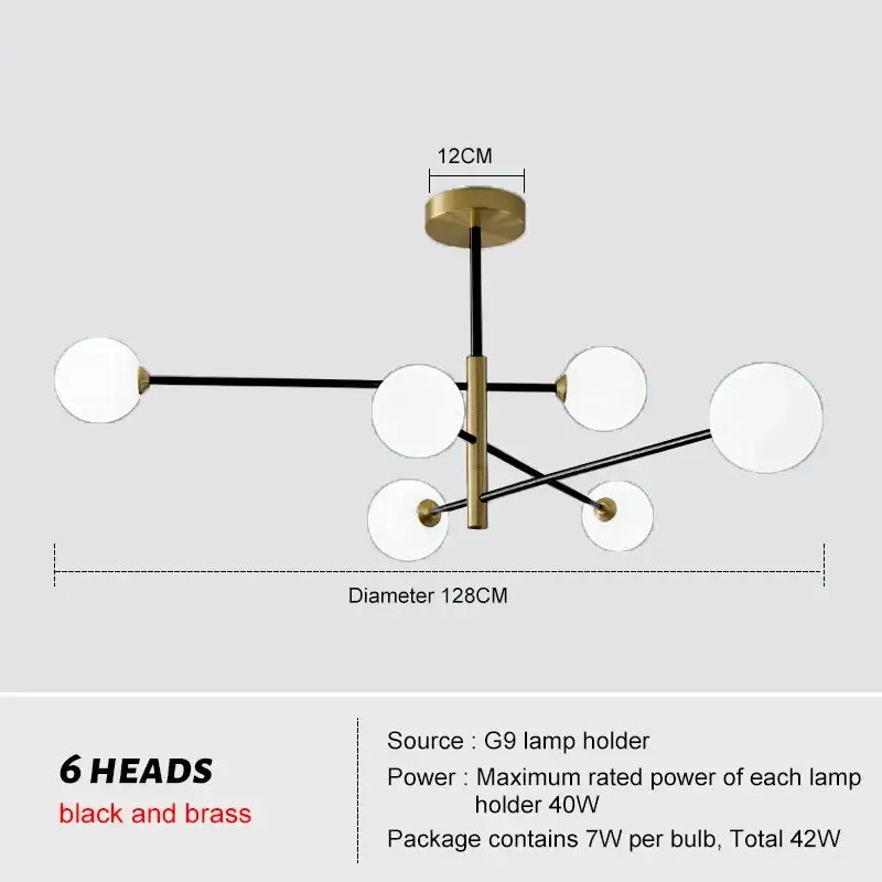 Modern six-head decorbites glass brass chandelier with black and brass accents and white spherical glass shades