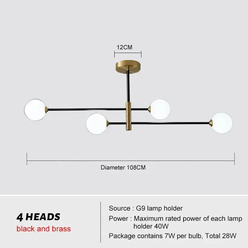 Modern black and brass decorbites glass brass chandelier with four white glass spherical lamp heads for living room