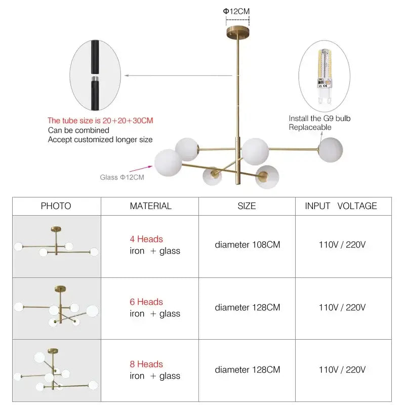 Modern brass-toned decorbites glass brass chandelier with four spherical glass globe lights for living room pendant lighting