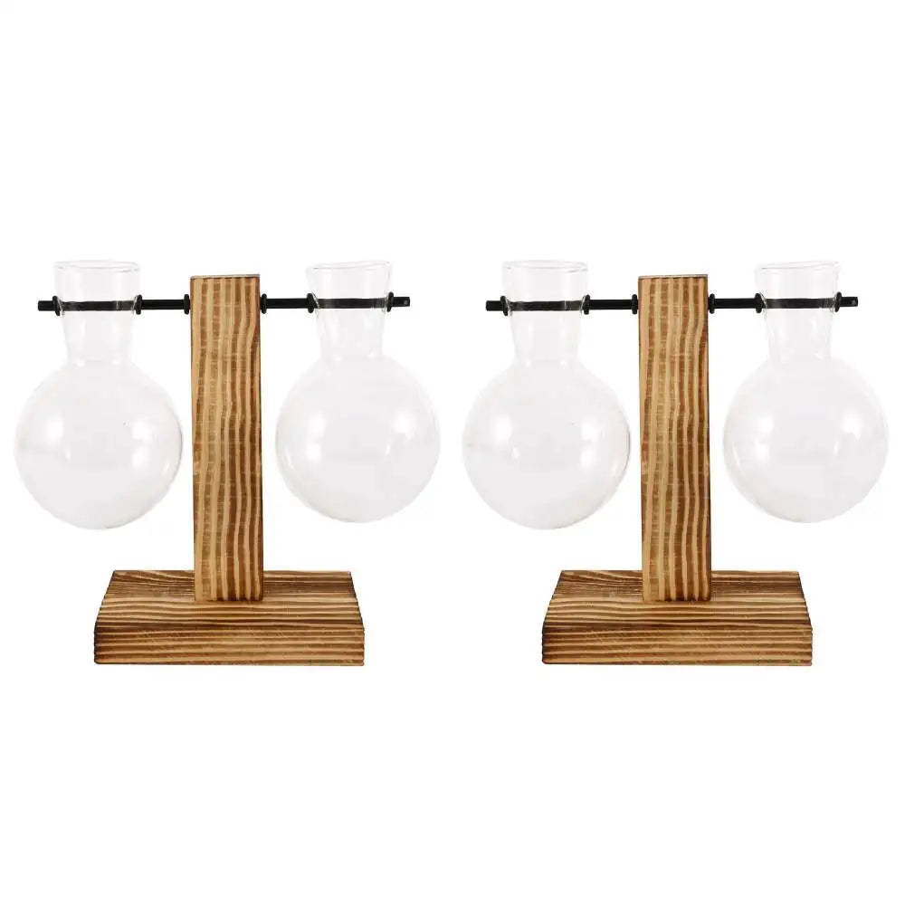Glass Bulb Vase with Wooden Stand - 2Pcs Style B - Vase