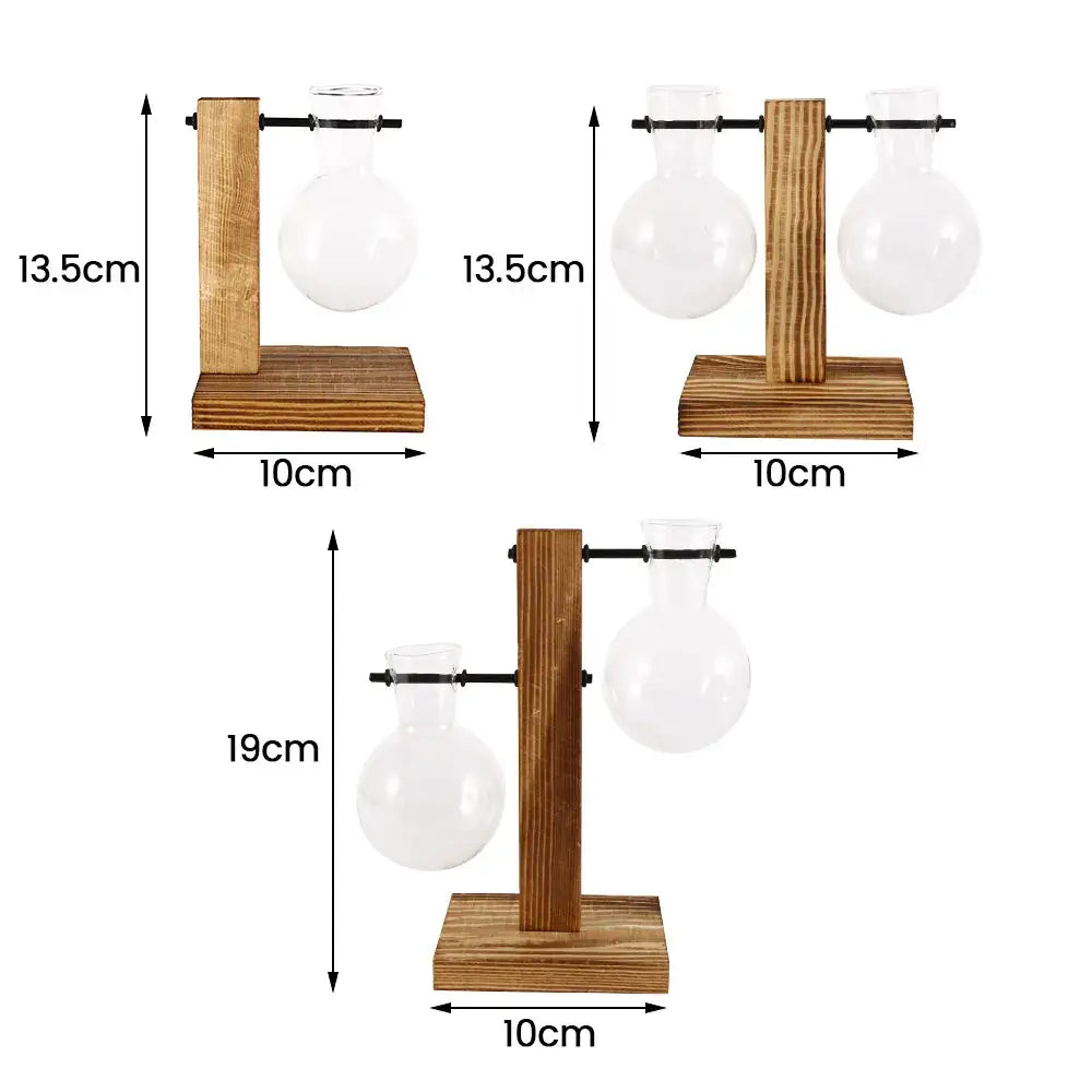 DecorBites™ glass bulb vase set with clear glass vases of varying heights on a wooden stand for elegant decor