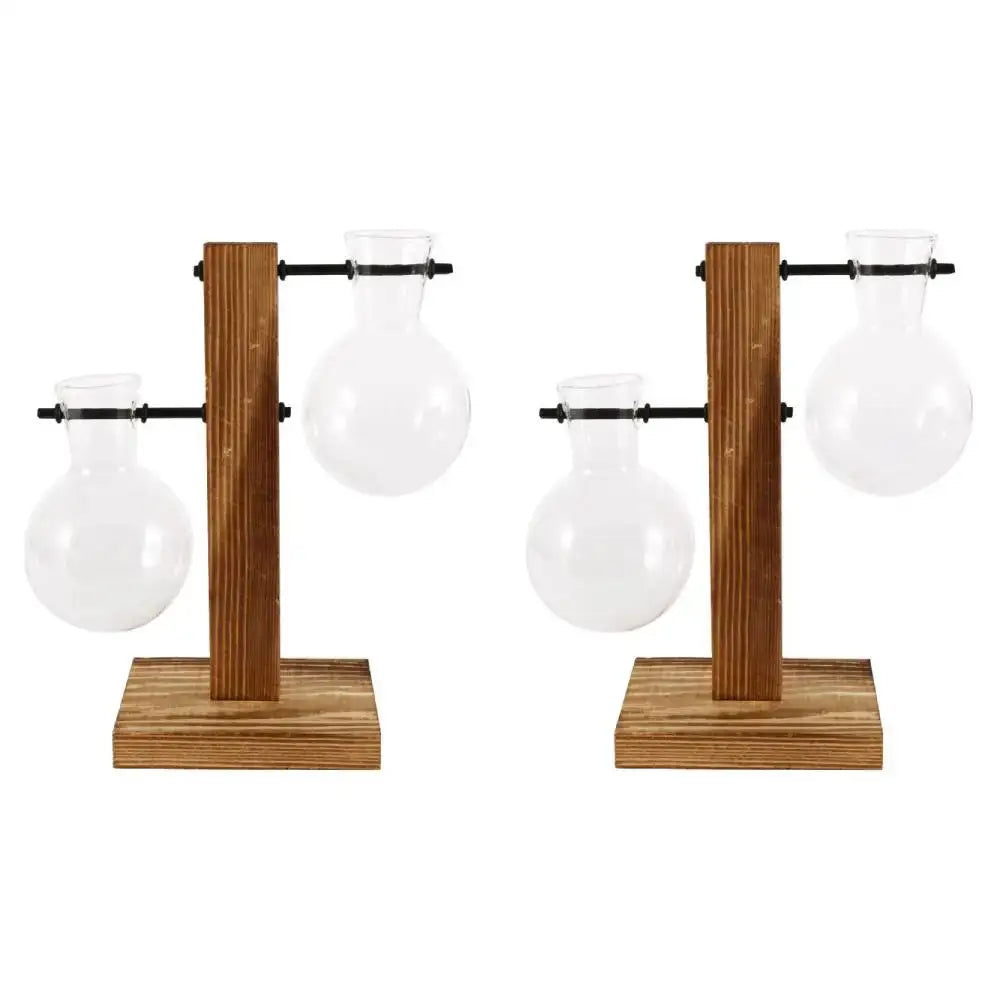 DecorBites glass bulb vase with clear glass flasks mounted on rustic wooden stand with black metal bars
