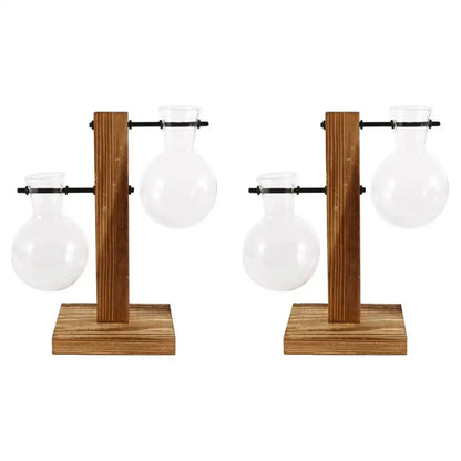 DecorBites glass bulb vase with clear glass flasks mounted on rustic wooden stand with black metal bars